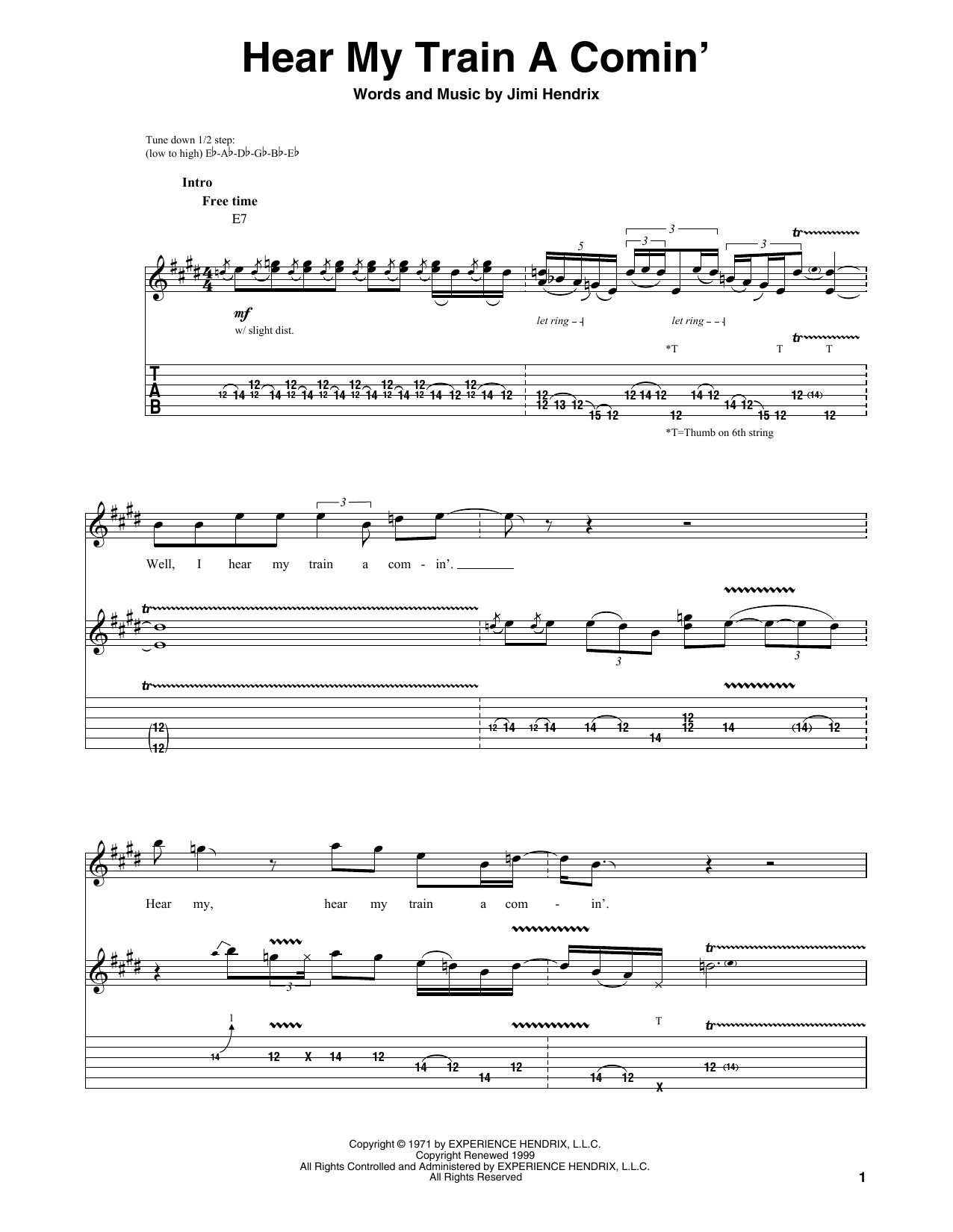 Jimi Hendrix Hear My Train A Comin' sheet music notes and chords. Download Printable PDF.