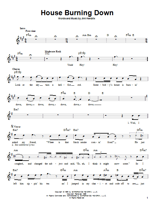 Jimi Hendrix House Burning Down sheet music notes and chords. Download Printable PDF.