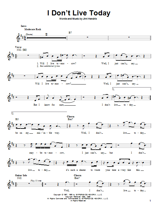 Jimi Hendrix I Don't Live Today sheet music notes and chords. Download Printable PDF.