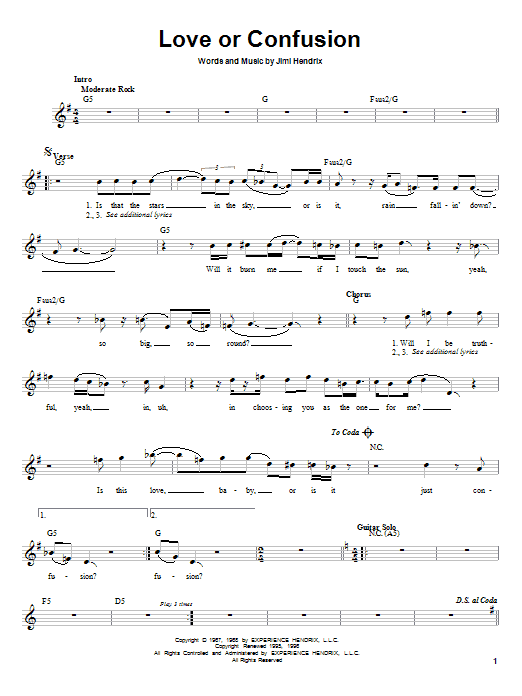 Learn to play Jimi Hendrix Love Or Confusion sheet music for Piano, Vocal & Guitar Chords (Right-Hand Melody) in minutes. Price: 7.8900$ Jimi Hendrix Love Or Confusion sheet music notes and chords arranged for Piano, Vocal & Guitar Chords (Right-Hand Melody)