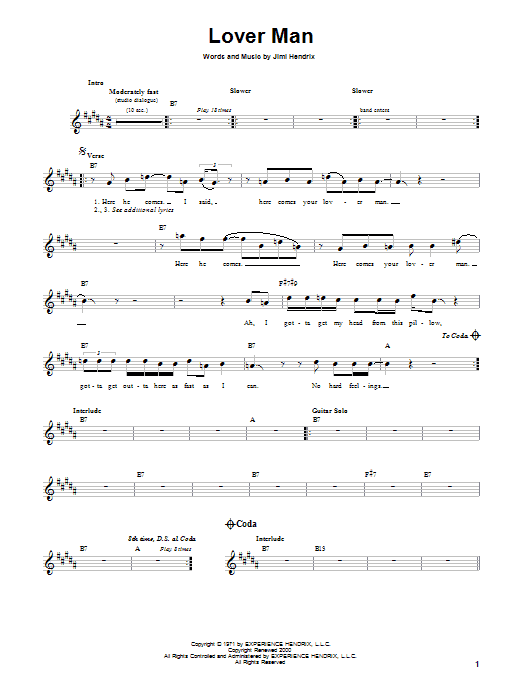 Jimi Hendrix Lover Man sheet music notes and chords. Download Printable PDF.