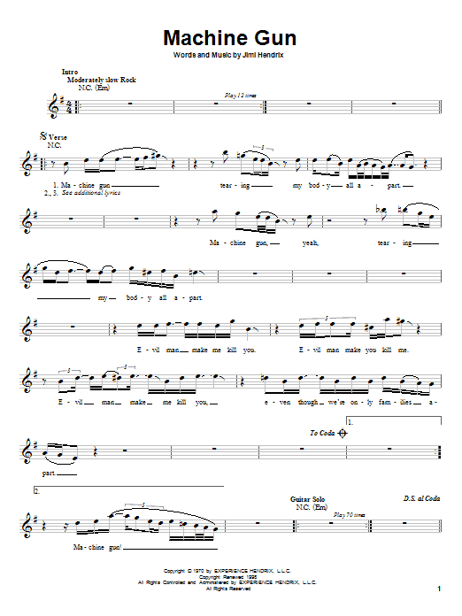 Jimi Hendrix Machine Gun sheet music notes and chords. Download Printable PDF.