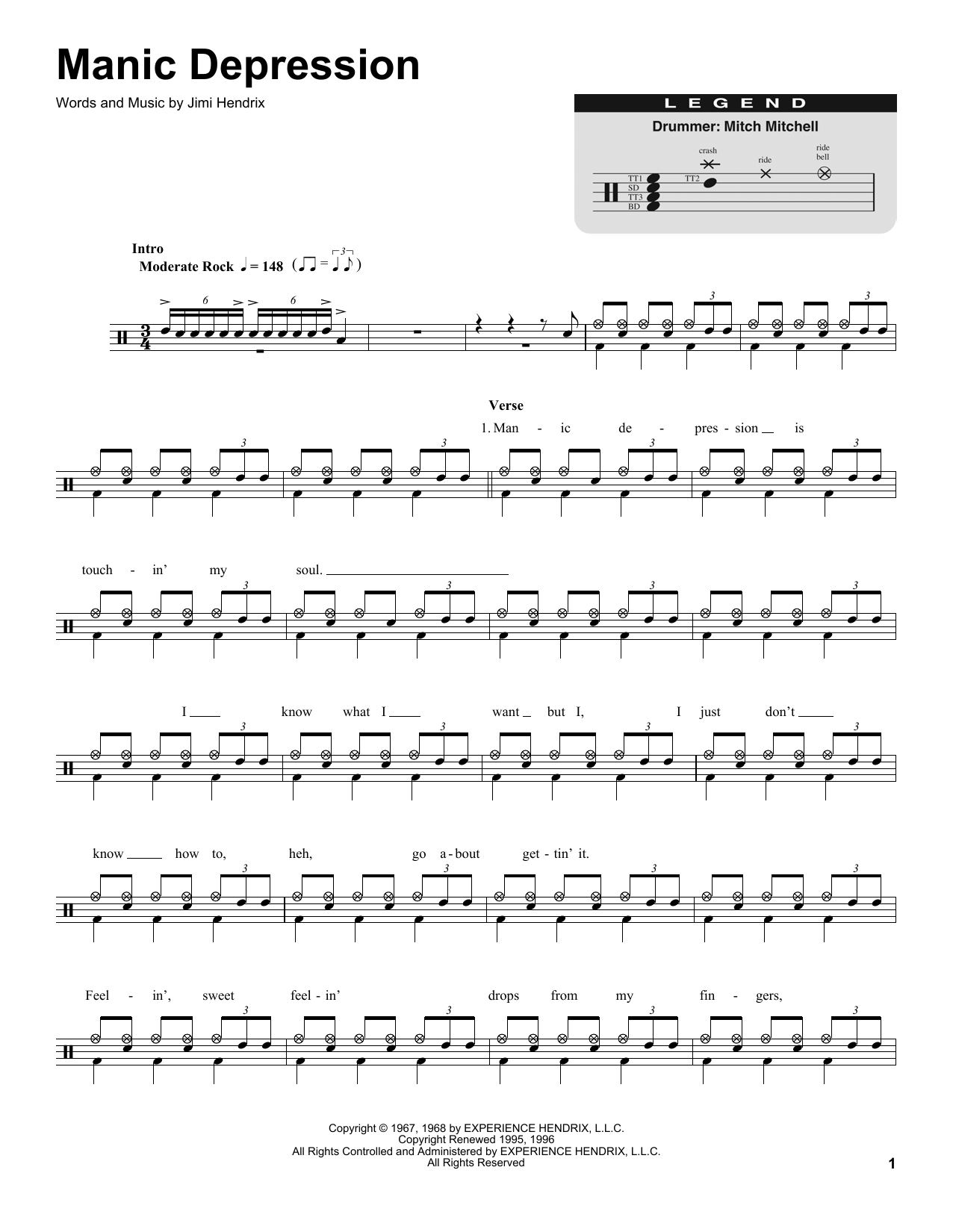 Jimi Hendrix Manic Depression sheet music notes and chords. Download Printable PDF.