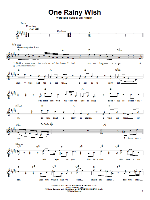 Jimi Hendrix One Rainy Wish sheet music notes and chords. Download Printable PDF.