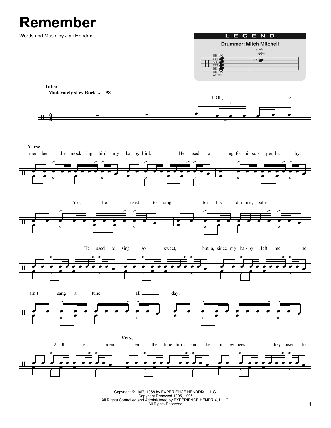 Jimi Hendrix Remember sheet music notes and chords. Download Printable PDF.