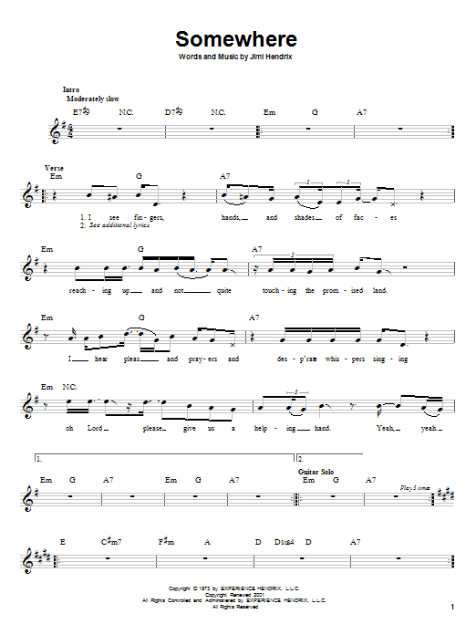 Jimi Hendrix Somewhere sheet music notes and chords. Download Printable PDF.