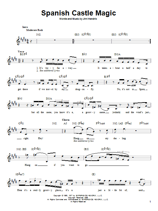 Jimi Hendrix Spanish Castle Magic sheet music notes and chords. Download Printable PDF.