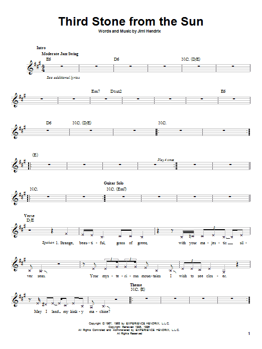 Jimi Hendrix Third Stone From The Sun sheet music notes and chords. Download Printable PDF.