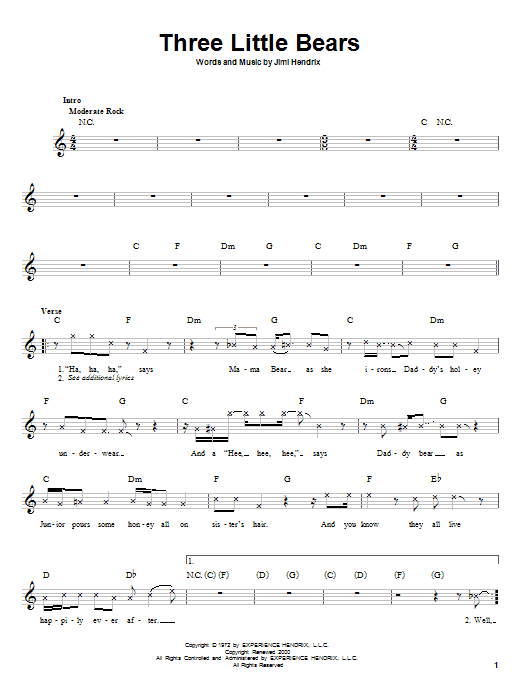 Learn to play Jimi Hendrix Three Little Bears sheet music for Easy Guitar in minutes. Price: 5.9900$ Jimi Hendrix Three Little Bears sheet music notes and chords arranged for Easy Guitar