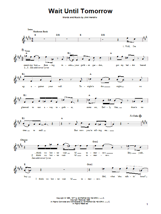 Learn to play Jimi Hendrix Wait Until Tomorrow sheet music for Easy Guitar in minutes. Price: 5.9900$ Jimi Hendrix Wait Until Tomorrow sheet music notes and chords arranged for Easy Guitar