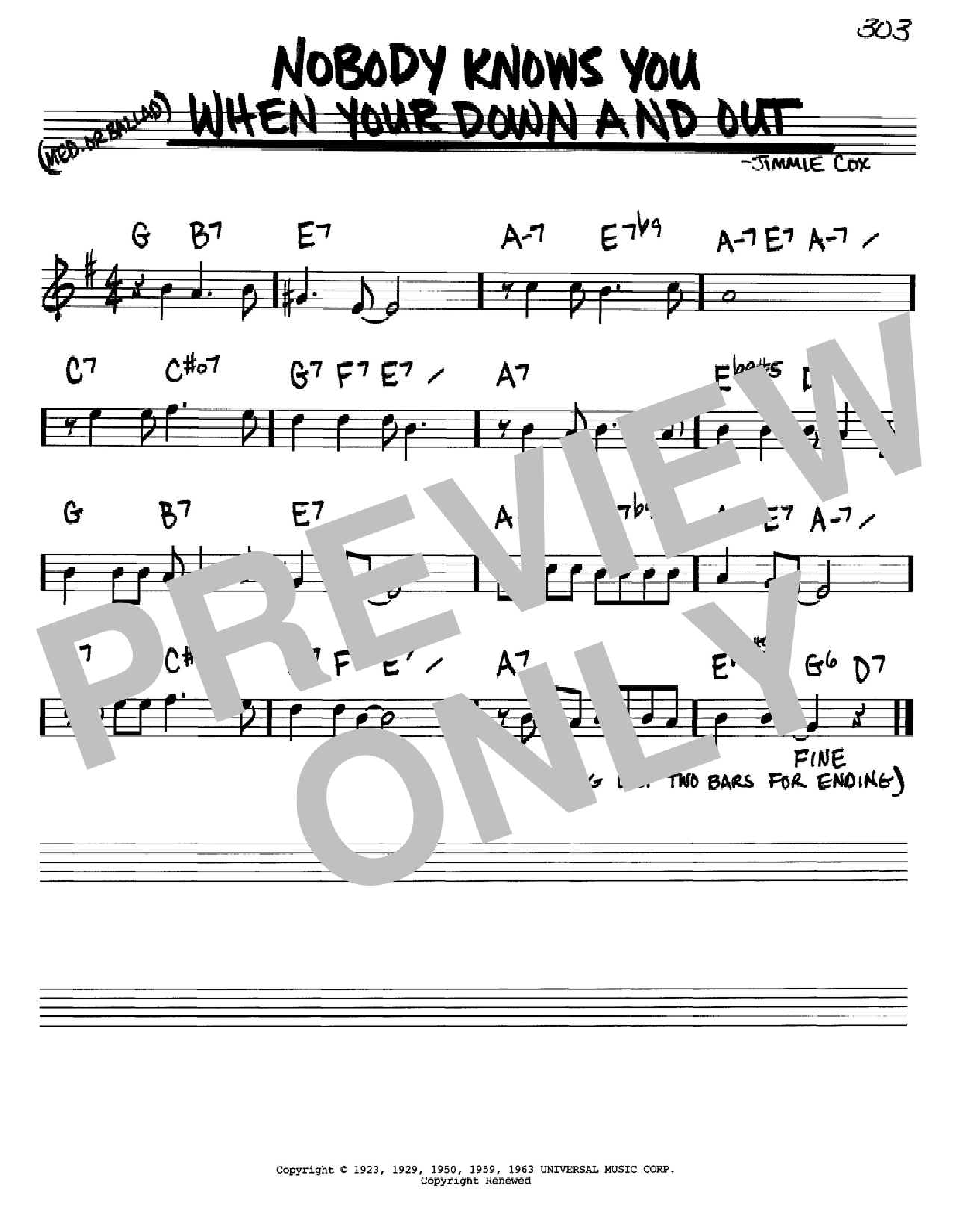 Jimmie Cox Nobody Knows You When You're Down And Out sheet music notes and chords arranged for Real Book – Melody & Chords – Bb Instruments