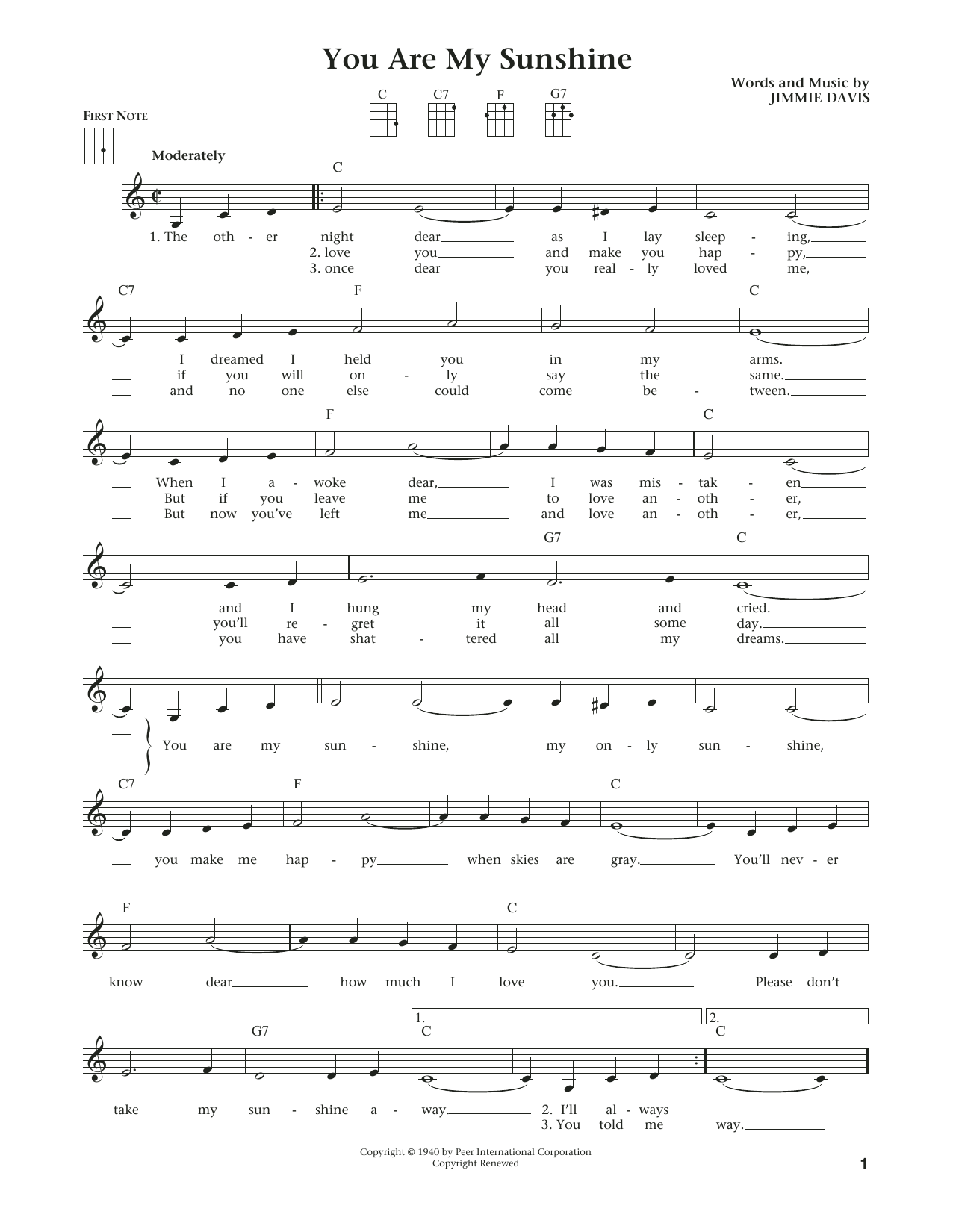 Learn to play Jimmie Davis You Are My Sunshine (from The Daily Ukulele) (arr. Liz and Jim Beloff) sheet music for Ukulele in minutes. Price: 5.9900$ Jimmie Davis You Are My Sunshine (from The Daily Ukulele) (arr. Liz and Jim Beloff) sheet music notes and chords arranged for Ukulele