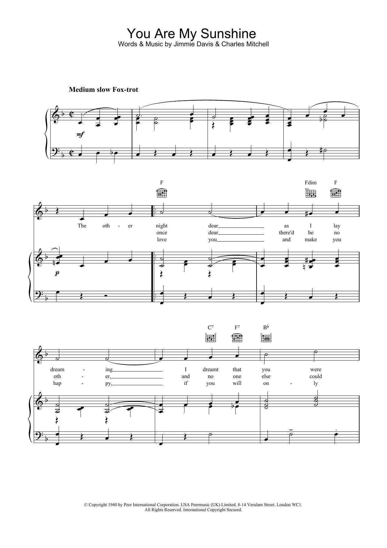 Jimmie Davis You Are My Sunshine sheet music notes and chords. Download Printable PDF.