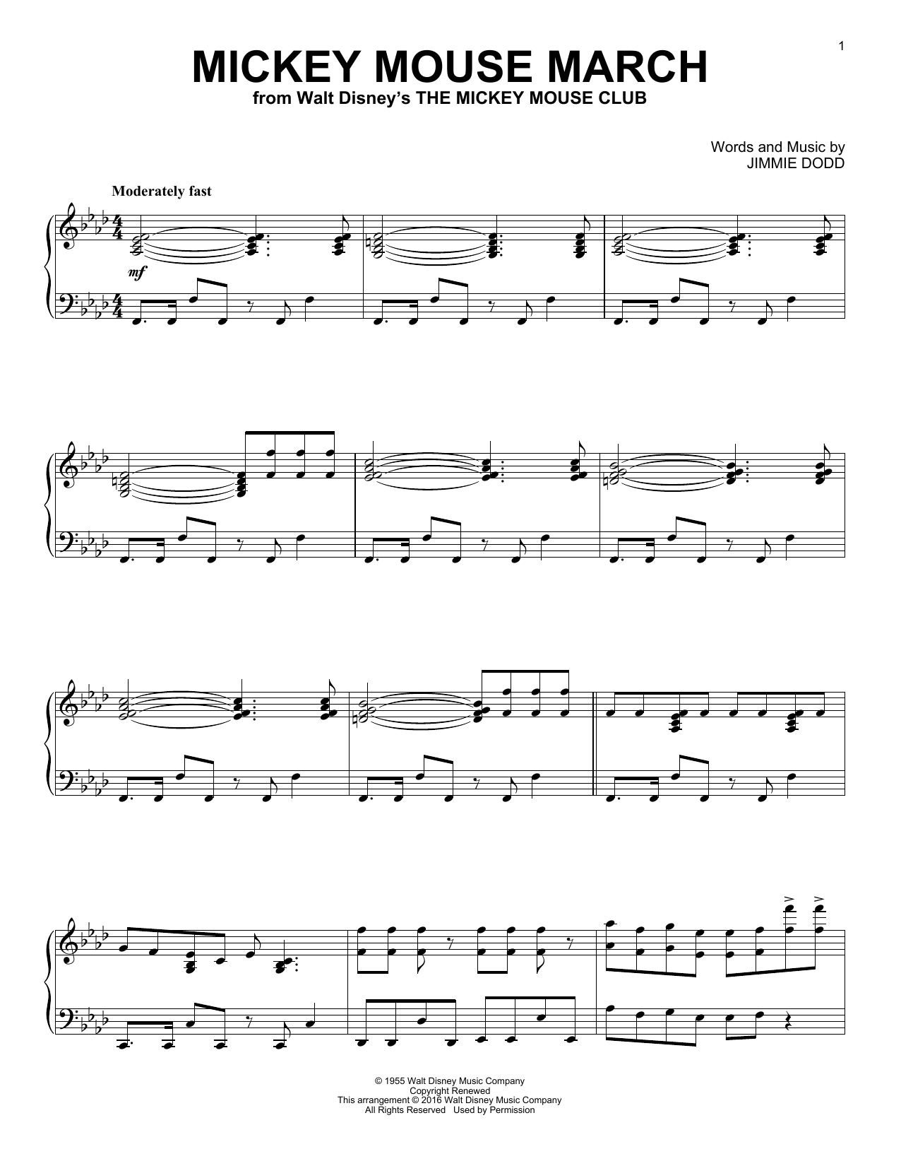 Jimmie Dodd Mickey Mouse March [Jazz version] sheet music notes and chords arranged for Piano Solo