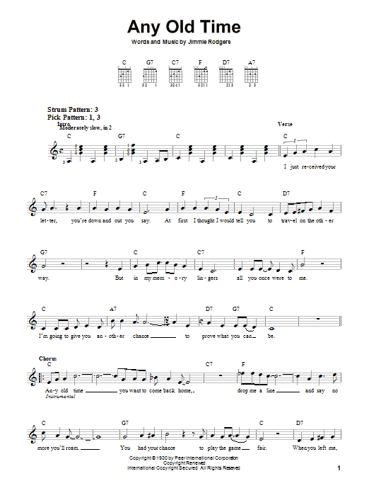 Jimmie Rodgers Any Old Time sheet music notes and chords. Download Printable PDF.