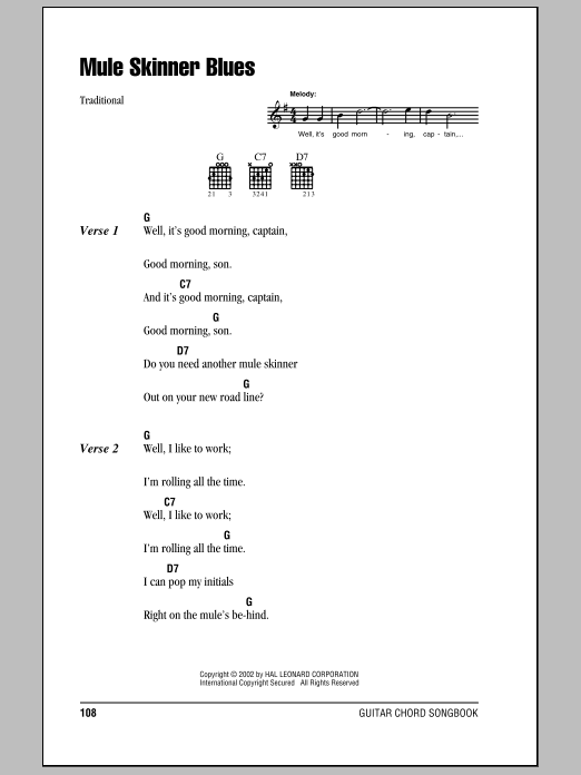 Jimmie Rodgers Mule Skinner Blues sheet music notes and chords. Download Printable PDF.