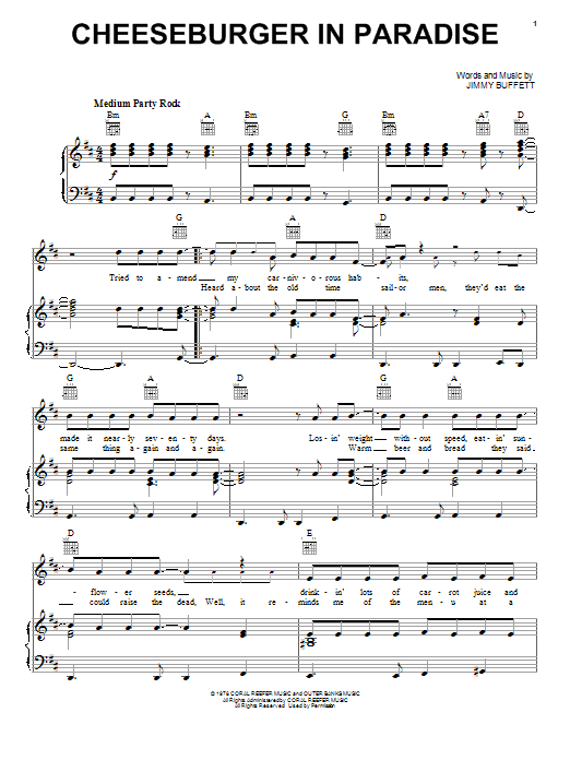 Jimmy Buffett Cheeseburger In Paradise sheet music notes and chords. Download Printable PDF.