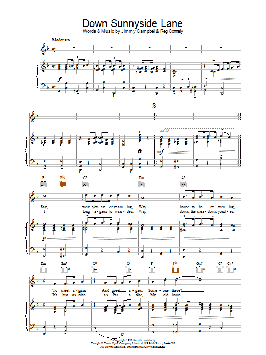 Learn to play Jimmy Campbell and Reg Connelly Down Sunnyside Lane sheet music for Piano, Vocal & Guitar Chords in minutes. Price: 7.8900$ Jimmy Campbell and Reg Connelly Down Sunnyside Lane sheet music notes and chords arranged for Piano, Vocal & Guitar Chords