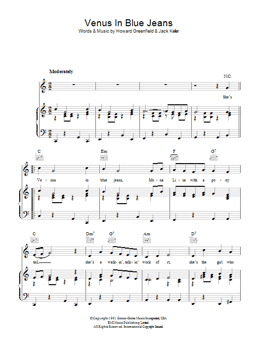 Learn to play Jimmy Clanton Venus In Blue Jeans sheet music for Piano, Vocal & Guitar Chords in minutes. Price: 7.8900$ Jimmy Clanton Venus In Blue Jeans sheet music notes and chords arranged for Piano, Vocal & Guitar Chords