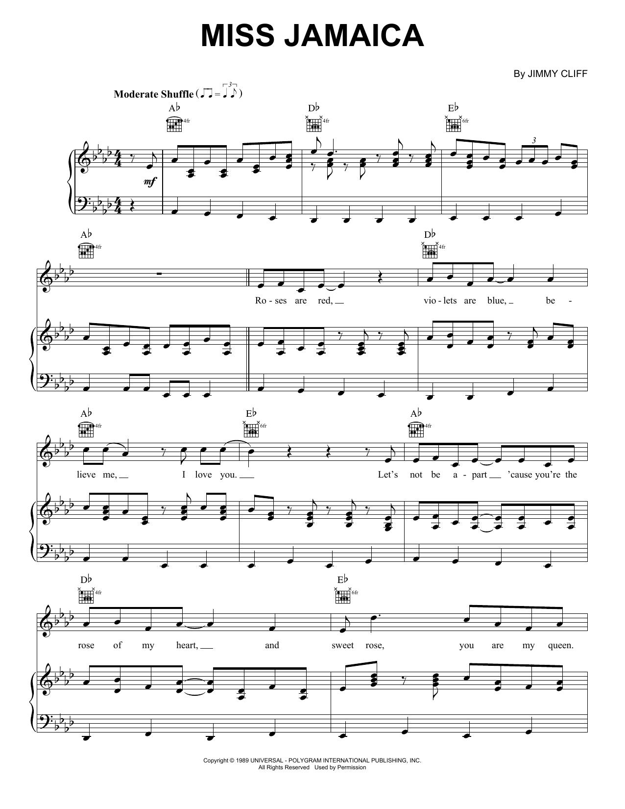 Jimmy Cliff Miss Jamaica sheet music notes and chords arranged for Piano, Vocal & Guitar Chords (Right-Hand Melody)