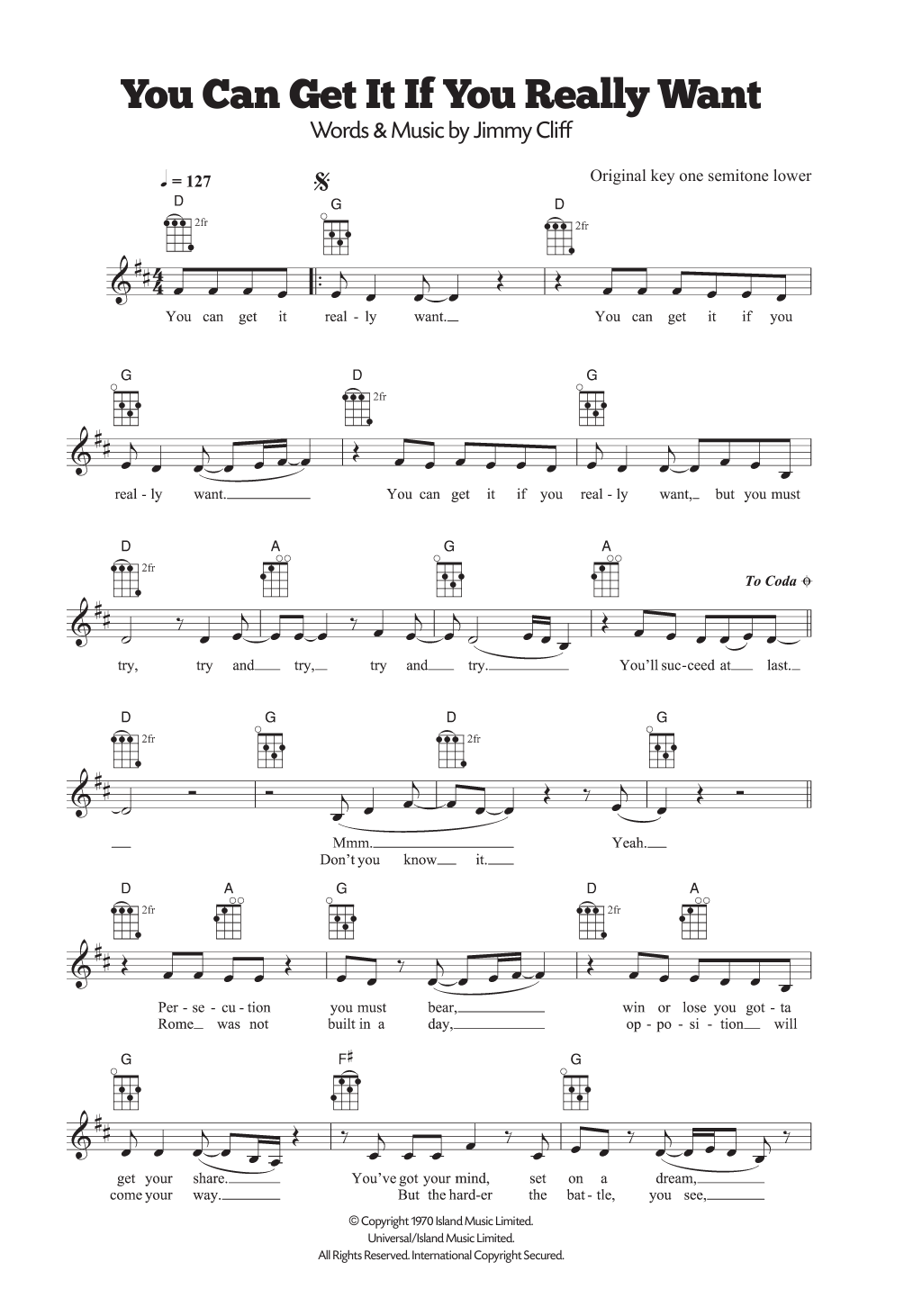 Jimmy Cliff You Can Get It If You Really Want sheet music notes and chords arranged for Ukulele