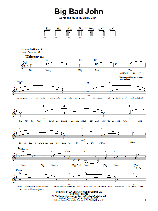 Jimmy Dean Big Bad John sheet music notes and chords. Download Printable PDF.