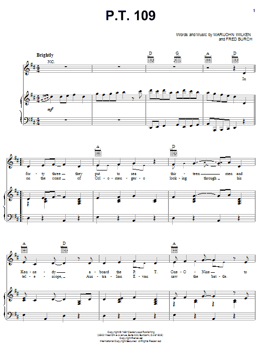 Learn to play Jimmy Dean P.T. 109 sheet music for Piano, Vocal & Guitar Chords (Right-Hand Melody) in minutes. Price: 7.8900$ Jimmy Dean P.T. 109 sheet music notes and chords arranged for Piano, Vocal & Guitar Chords (Right-Hand Melody)