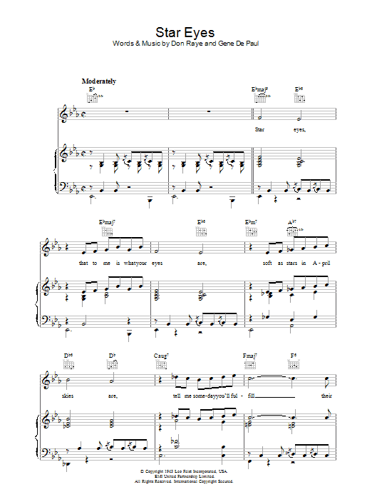 Learn to play Jimmy Dorsey Star Eyes sheet music for Piano, Vocal & Guitar Chords in minutes. Price: 7.8900$ Jimmy Dorsey Star Eyes sheet music notes and chords arranged for Piano, Vocal & Guitar Chords