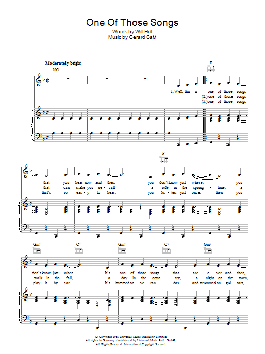 Learn to play Jimmy Durante One Of Those Songs (Le Bal De Madame de Mortemouille) sheet music for Piano, Vocal & Guitar Chords in minutes. Price: 7.8900$ Jimmy Durante One Of Those Songs (Le Bal De Madame de Mortemouille) sheet music notes and chords arranged for Piano, Vocal & Guitar Chords