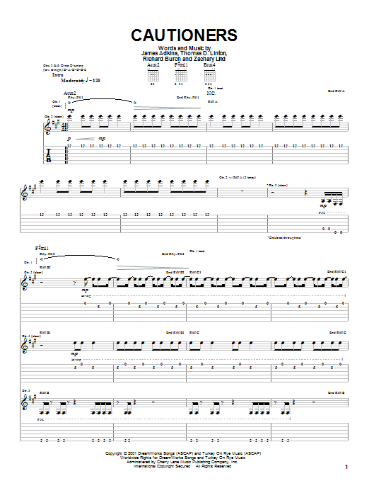 Learn to play Jimmy Eat World Cautioners sheet music for Guitar Tab in minutes. Price: 7.8900$ Jimmy Eat World Cautioners sheet music notes and chords arranged for Guitar Tab