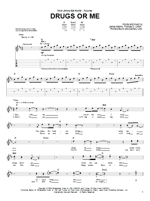 Learn to play Jimmy Eat World Drugs Or Me sheet music for Guitar Tab in minutes. Price: 7.8900$ Jimmy Eat World Drugs Or Me sheet music notes and chords arranged for Guitar Tab