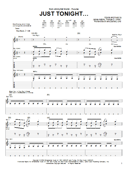 Learn to play Jimmy Eat World Just Tonight... sheet music for Guitar Tab in minutes. Price: 7.8900$ Jimmy Eat World Just Tonight... sheet music notes and chords arranged for Guitar Tab