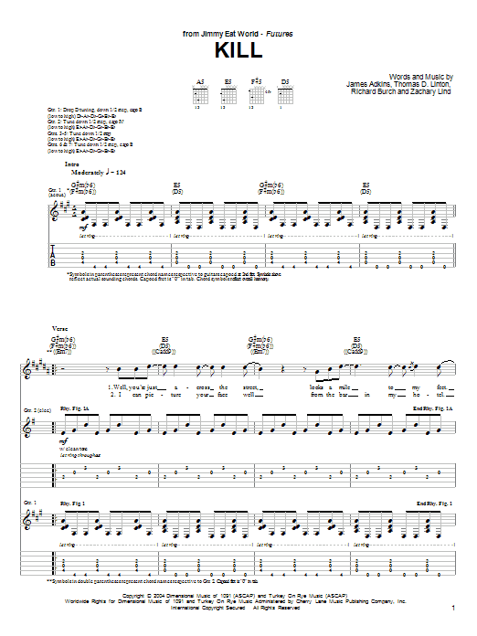 Learn to play Jimmy Eat World Kill sheet music for Guitar Tab in minutes. Price: 7.8900$ Jimmy Eat World Kill sheet music notes and chords arranged for Guitar Tab