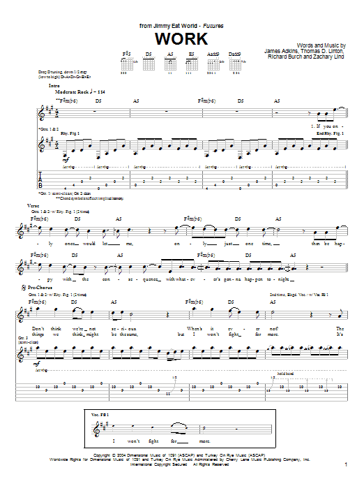 Learn to play Jimmy Eat World Work sheet music for Guitar Tab in minutes. Price: 7.8900$ Jimmy Eat World Work sheet music notes and chords arranged for Guitar Tab