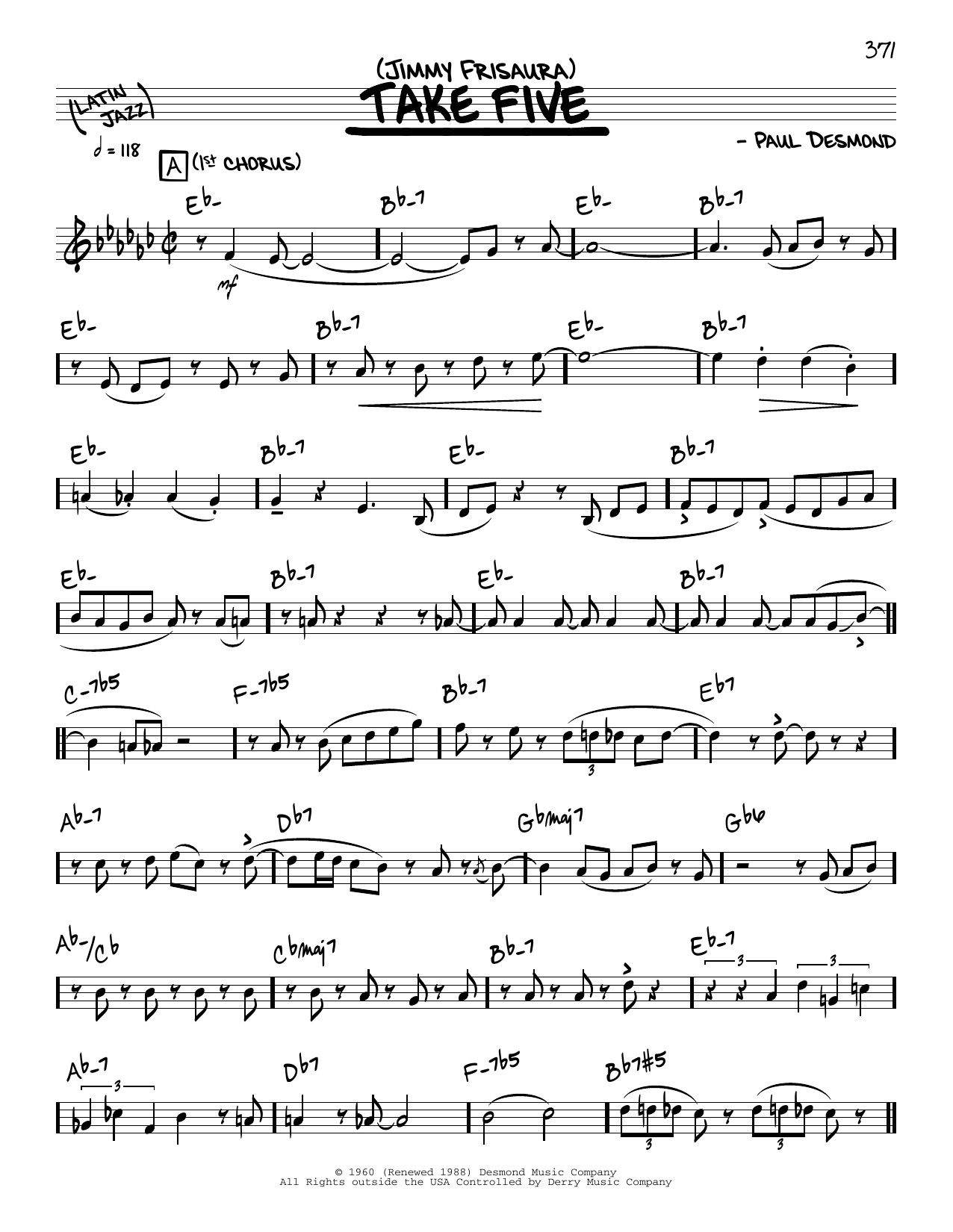 Jimmy Frisaura Take Five (solo only) sheet music notes and chords arranged for Real Book – Melody & Chords