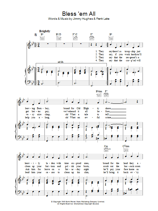 Learn to play Frank Lake Bless 'Em All sheet music for Piano, Vocal & Guitar Chords in minutes. Price: 7.8900$ Frank Lake Bless 'Em All sheet music notes and chords arranged for Piano, Vocal & Guitar Chords