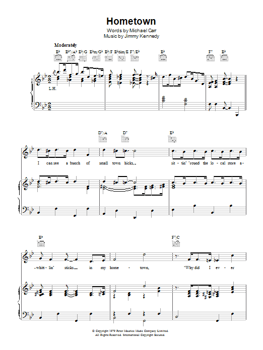 Learn to play Jimmy Kennedy Hometown sheet music for Piano, Vocal & Guitar Chords in minutes. Price: 7.8900$ Jimmy Kennedy Hometown sheet music notes and chords arranged for Piano, Vocal & Guitar Chords