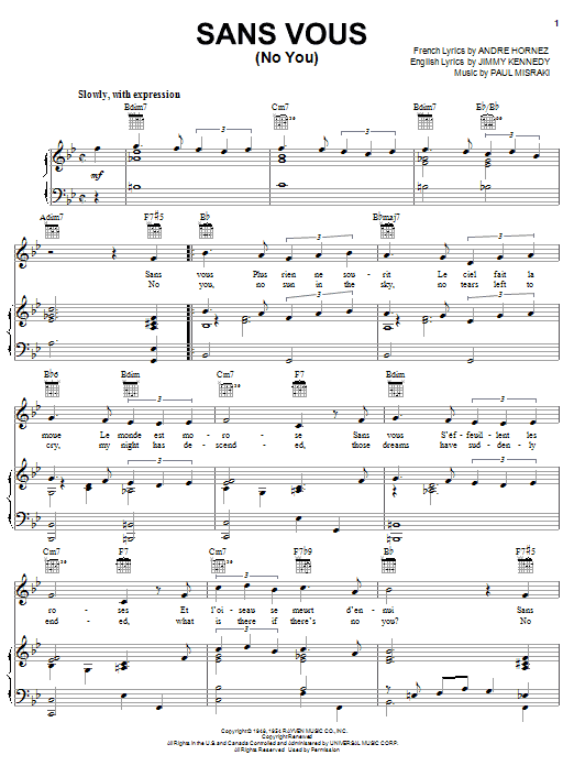 Jimmy Kennedy Sans Vous (No You) sheet music notes and chords arranged for Piano, Vocal & Guitar Chords (Right-Hand Melody)