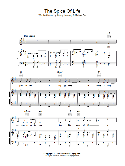 Learn to play Jimmy Kennedy The Spice Of Life sheet music for Piano, Vocal & Guitar Chords in minutes. Price: 7.8900$ Jimmy Kennedy The Spice Of Life sheet music notes and chords arranged for Piano, Vocal & Guitar Chords