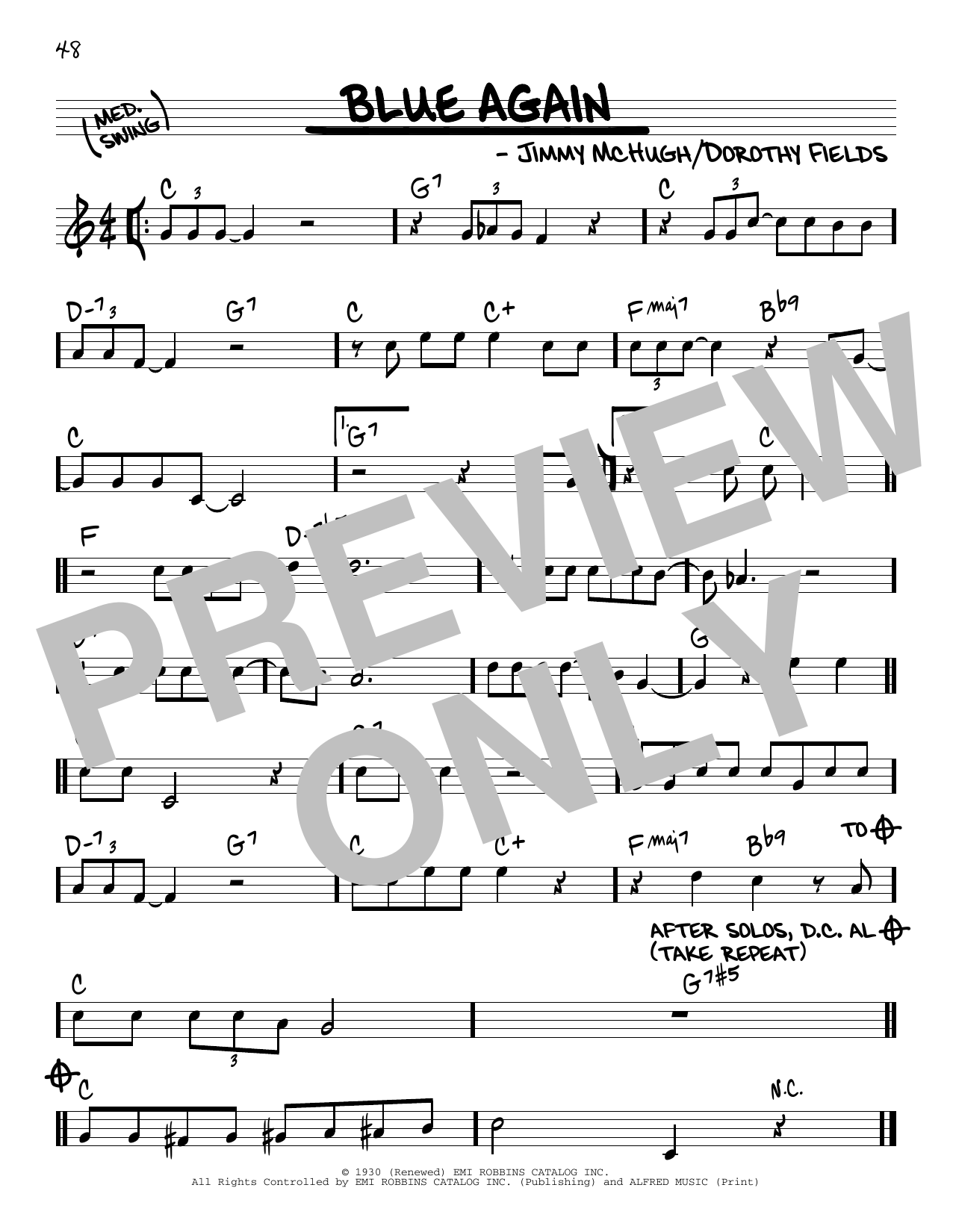 Learn to play Jimmy McHugh and Dorothy Fields Blue Again sheet music for Real Book – Melody & Chords in minutes. Price: 5.9900$ Jimmy McHugh and Dorothy Fields Blue Again sheet music notes and chords arranged for Real Book – Melody & Chords