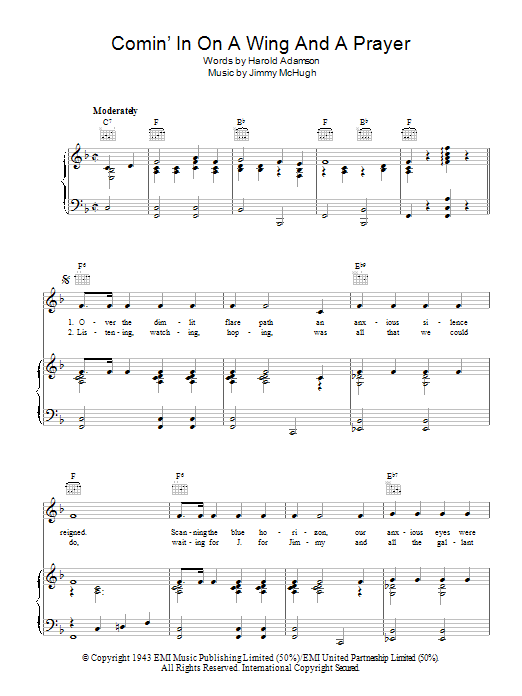 Learn to play Jimmy McHugh Comin' In On A Wing And A Prayer sheet music for Piano, Vocal & Guitar Chords in minutes. Price: 7.8900$ Jimmy McHugh Comin' In On A Wing And A Prayer sheet music notes and chords arranged for Piano, Vocal & Guitar Chords