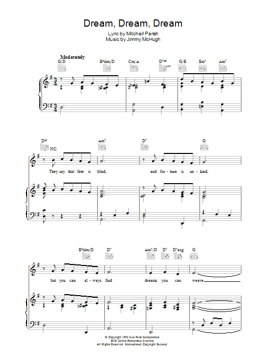 Learn to play Jimmy McHugh Dream Dream Dream sheet music for Piano, Vocal & Guitar Chords in minutes. Price: 7.8900$ Jimmy McHugh Dream Dream Dream sheet music notes and chords arranged for Piano, Vocal & Guitar Chords