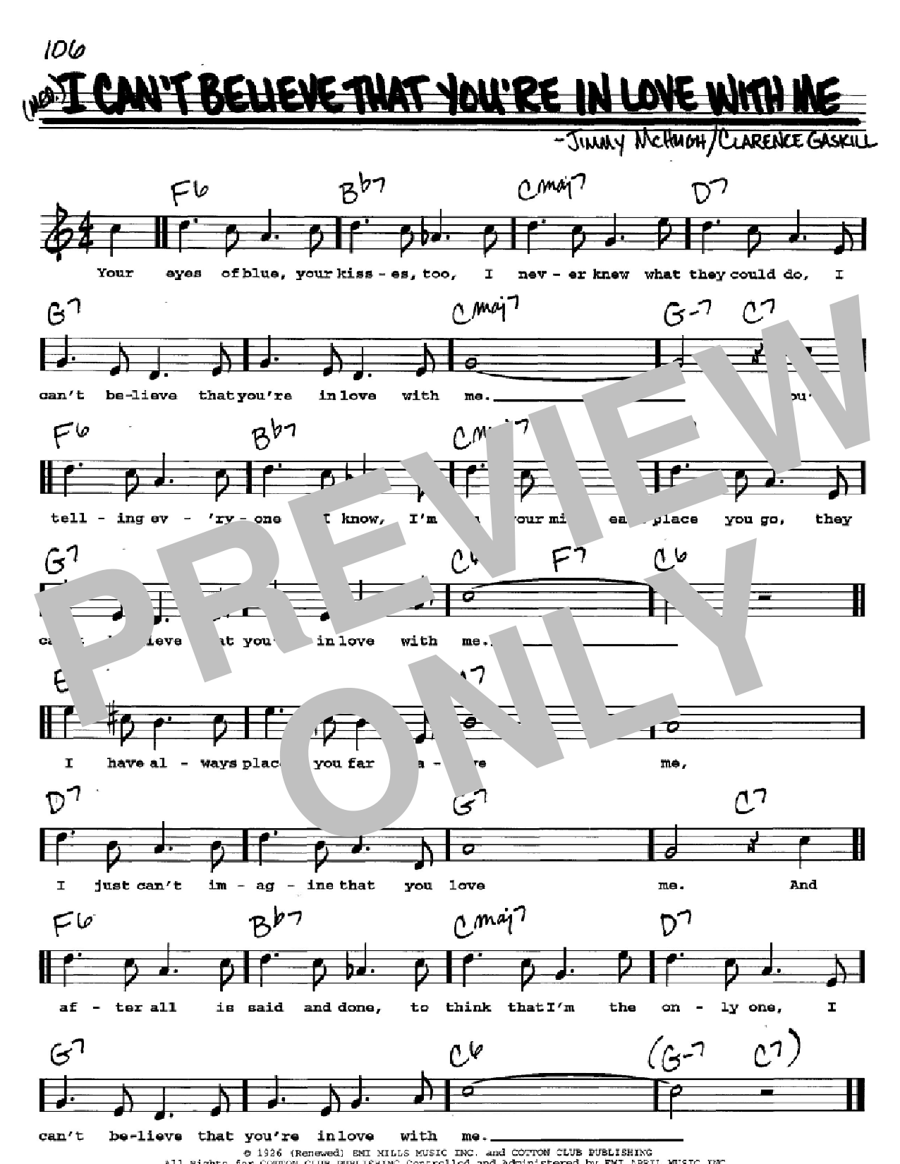 Learn to play Jimmy McHugh I Can't Believe That You're In Love With Me sheet music for Real Book – Melody & Chords – C Instruments in minutes. Price: 5.9900$ Jimmy McHugh I Can't Believe That You're In Love With Me sheet music notes and chords arranged for Real Book – Melody & Chords – C Instruments