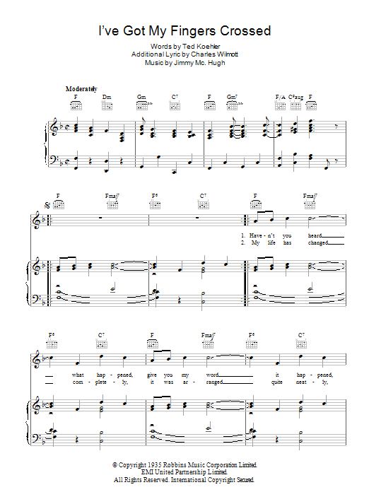 Learn to play Jimmy McHugh I've Got My Fingers Crossed sheet music for Piano, Vocal & Guitar Chords in minutes. Price: 7.8900$ Jimmy McHugh I've Got My Fingers Crossed sheet music notes and chords arranged for Piano, Vocal & Guitar Chords