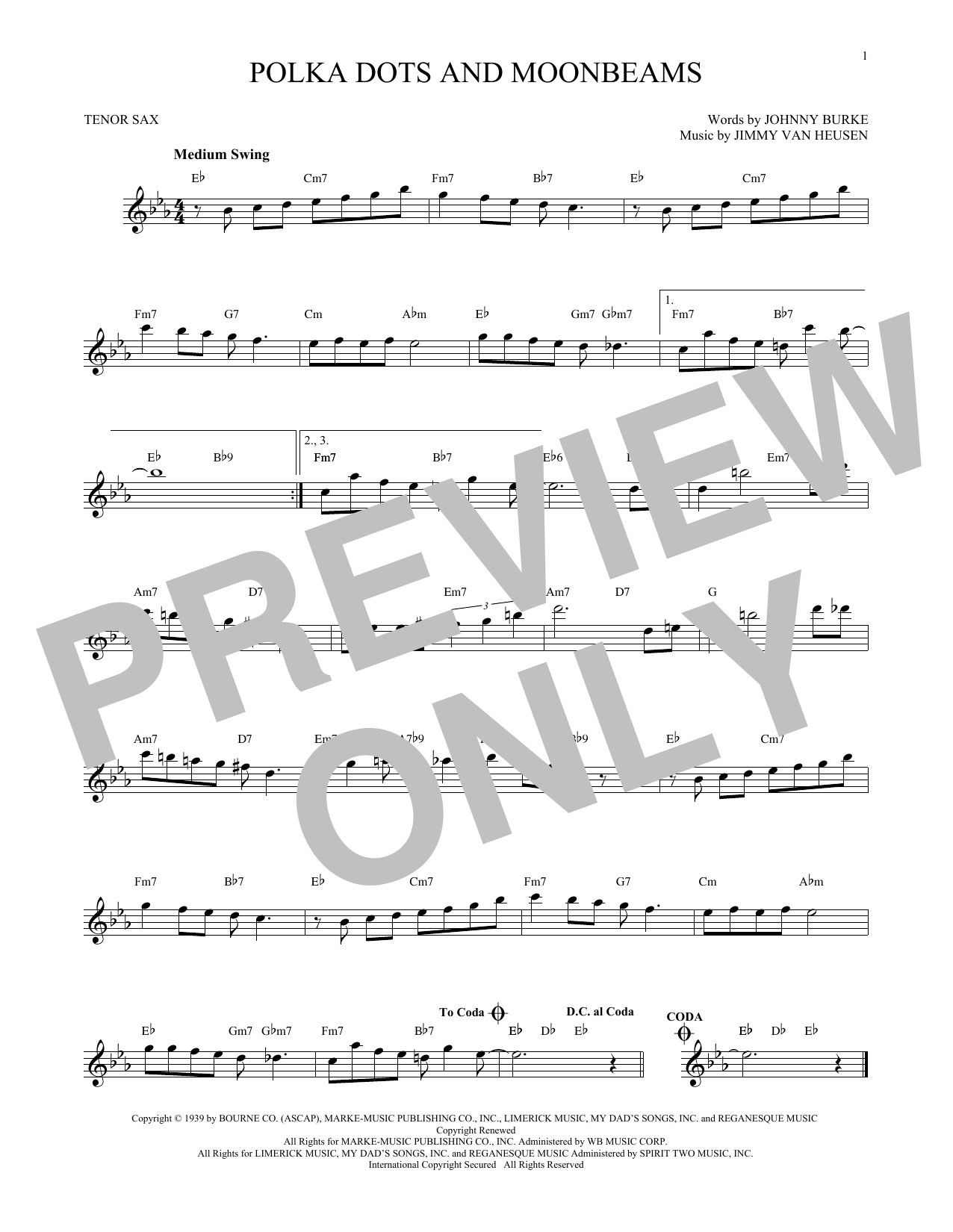 Jimmy Van Heusen Polka Dots And Moonbeams sheet music notes and chords. Download Printable PDF.