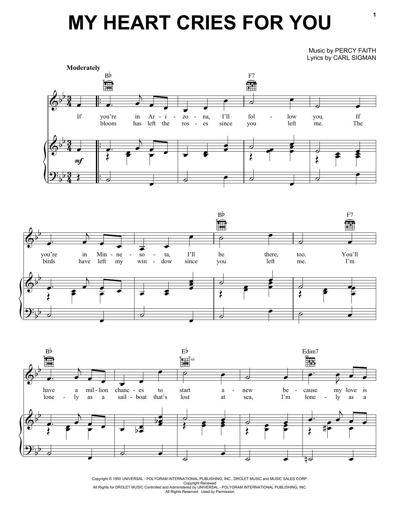 Jimmy Wakely My Heart Cries For You sheet music notes and chords arranged for Piano, Vocal & Guitar Chords (Right-Hand Melody)