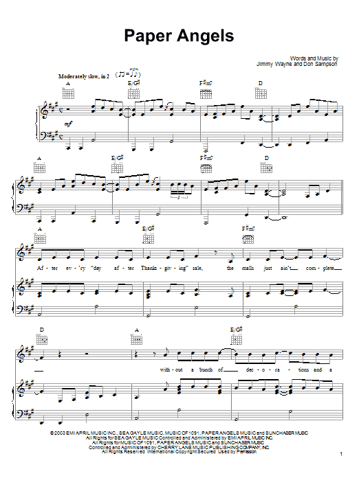 Jimmy Wayne Paper Angels sheet music notes and chords arranged for Piano, Vocal & Guitar Chords (Right-Hand Melody)