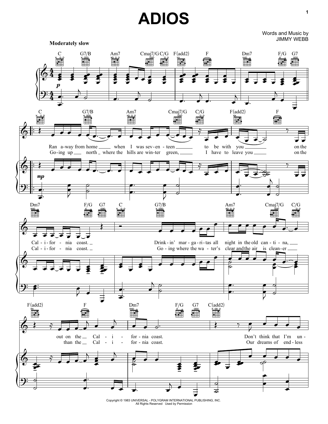 Learn to play Jimmy Webb Adios sheet music for Piano, Vocal & Guitar Chords (Right-Hand Melody) in minutes. Price: 7.8900$ Jimmy Webb Adios sheet music notes and chords arranged for Piano, Vocal & Guitar Chords (Right-Hand Melody)