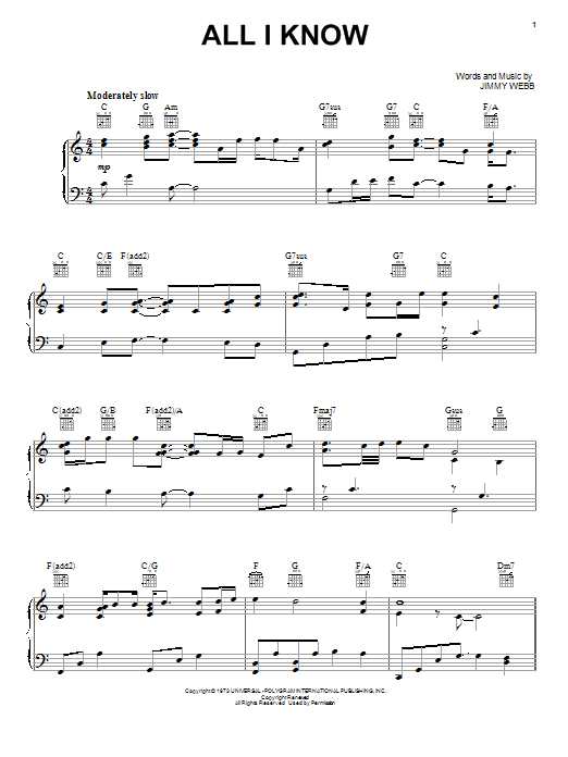 Jimmy Webb All I Know sheet music notes and chords. Download Printable PDF.