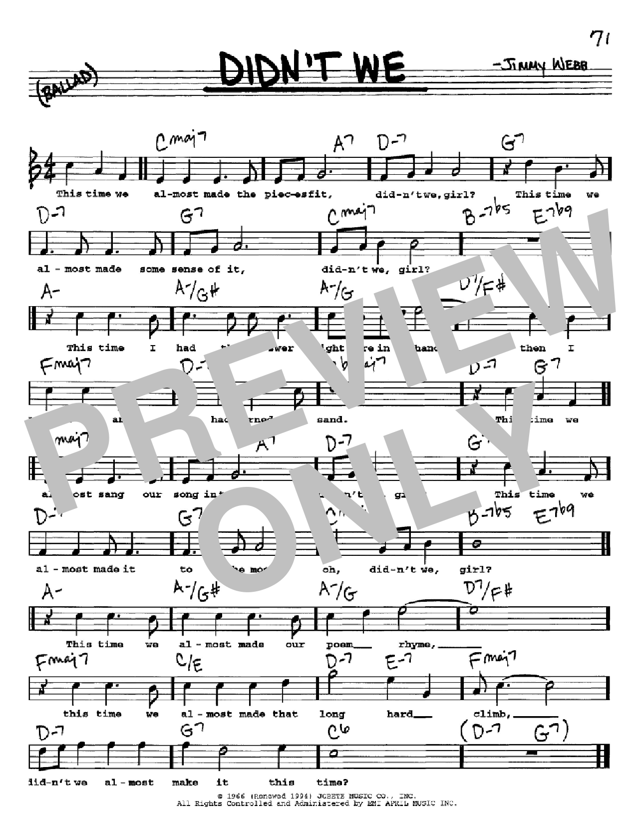 Jimmy Webb Didn't We sheet music notes and chords. Download Printable PDF.